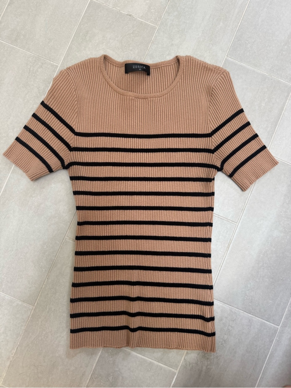 Tan and Black Striped Ribbed Short Sleeve Top